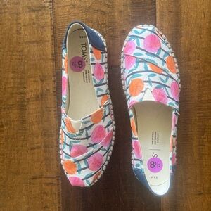 TOMS Alpargata Rope slip-on canvas espadrilles in Blue Citrus Stripe 
US 8.5
